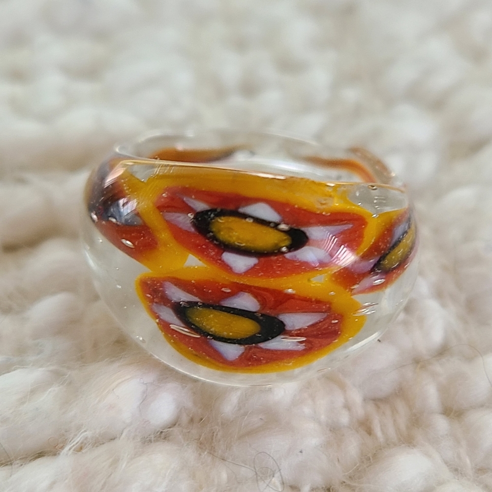 Murano Style Glass Ring, Size 5.75 Clear with Orange & Yellow Star